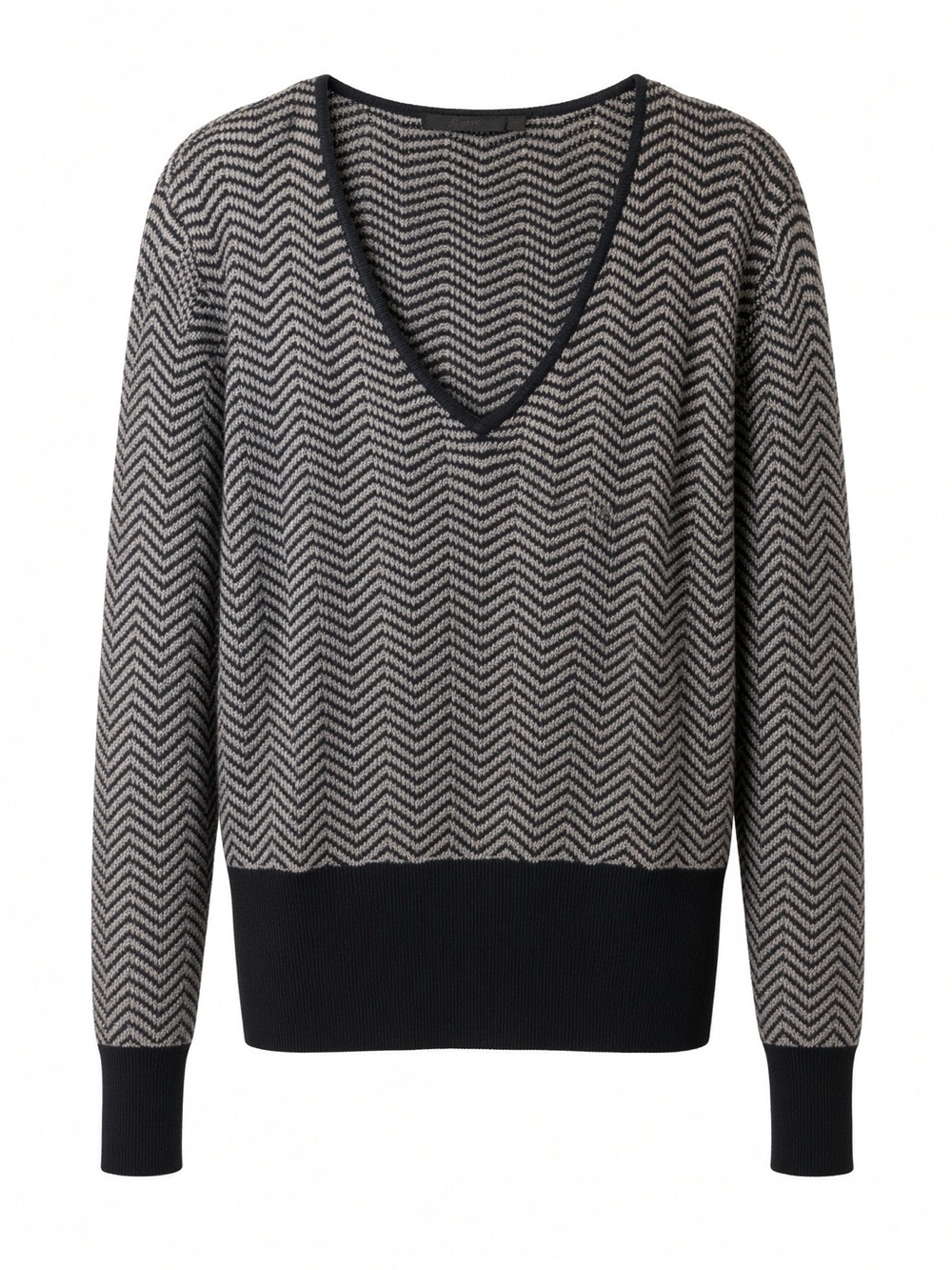 Raffi Black Gray Chevron Zigzag V-Neck Knit Sweater Women’s M Contrast Hem